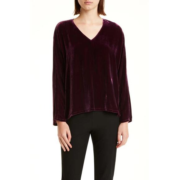 Eileen Fisher Plum Dolman Long Sleeve V-Neck Velvet Top Size Small New - Picture 1 of 6